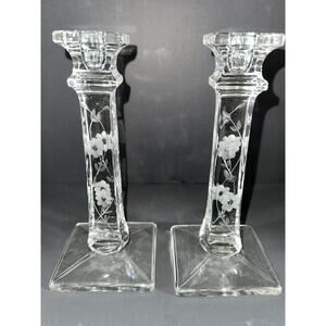 VTG Etched Floral Crystal Candle Holders Pair 8” Wheel Cut Clear Elegant Wedding